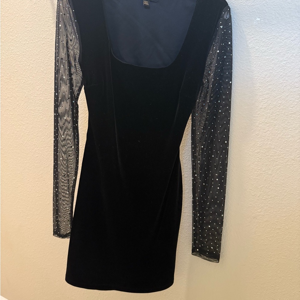 City Studio Black Velvet Dress with Sheer Embellished Sleeves